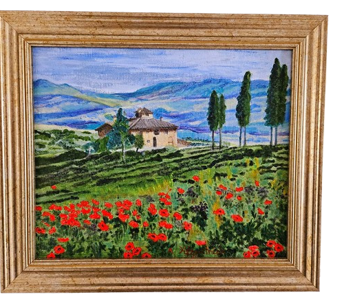 'Among the Tuscan Hills' Painting in Acrylic on Board in Gold Frame