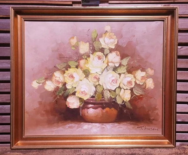 Large Framed Floral Oil on Canvas of Yellow Roses Signed by Artist C.Johnson - Image 5