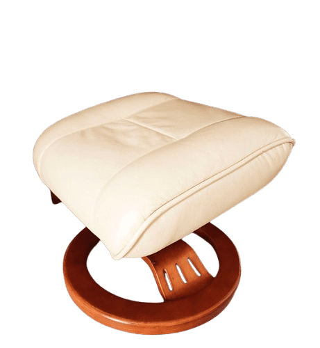 Soft Cream Leather Footstool with Circular Base of Cherry Wood