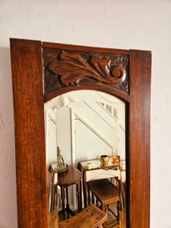 Antique narrow hall mirror with bevelled glass and carved oak frame - Image 7