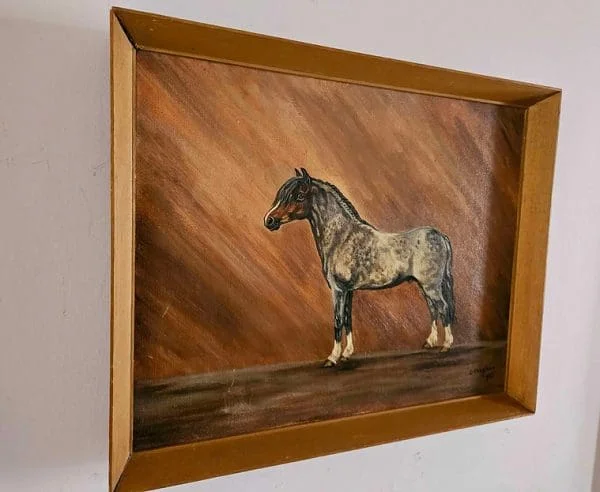 Large Mid-Century Oil on Canvas of Dappled Roan Bay Stallion Dated 1967 - Image 6