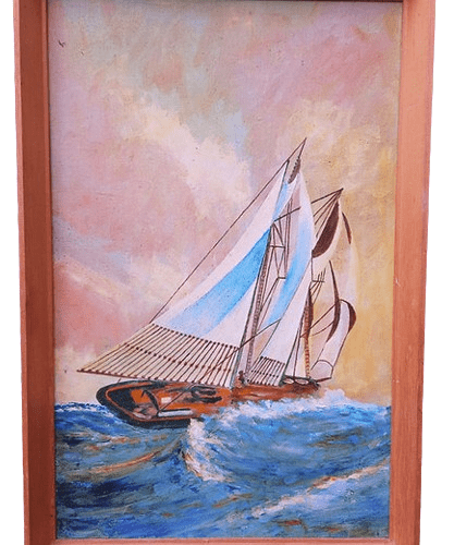 Nautical Vintage Oil on Board of Dynamic Sailing Boat Riding a Wave