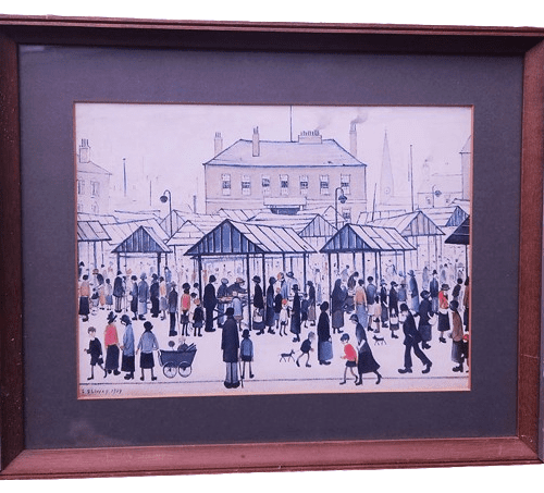 Framed L S Lowry Print of Market Scene Northern Town 1939