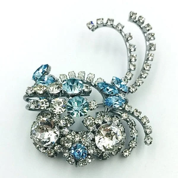 Vintage Aquamarine and Clear Paste Floral Spray Brooch Circa 1950s - Image 2