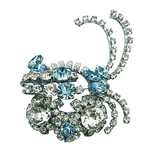 Vintage Aquamarine and Clear Paste Floral Spray Brooch Circa 1950s