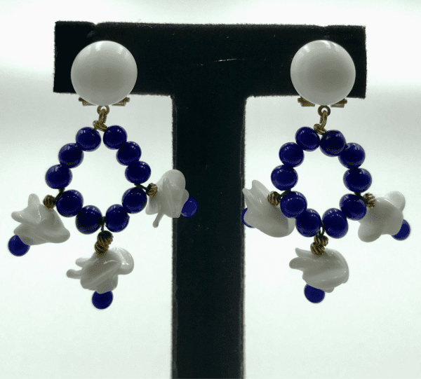 Vintage Louis Rousselet Blue and White Poured Glass Hoop Earrings - Image 3