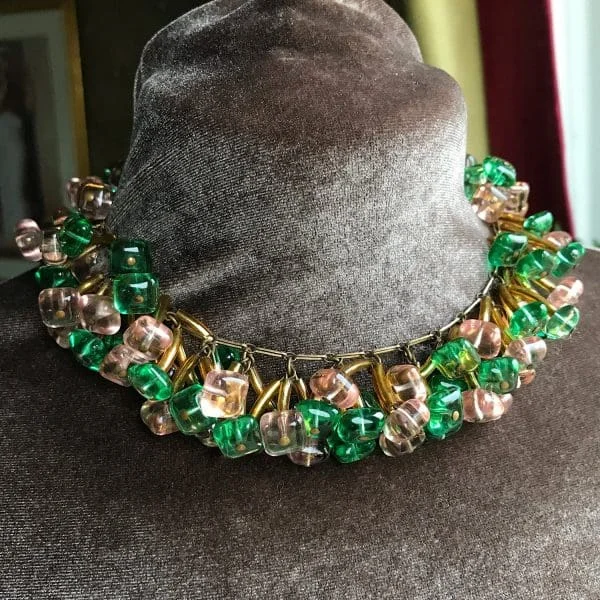 French Couture Pink and Green Gripoix, Pate de Verre, Glass Collar Necklace - Image 3