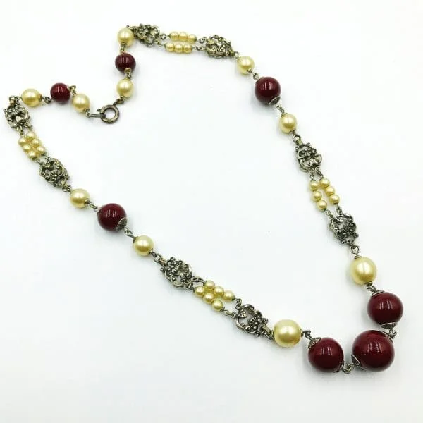 Vintage Louis Rousselet Carnelian and Glass Pearl Bead Necklace 1950s - Image 2