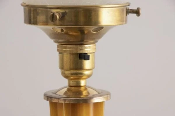 Art Deco Polished Brass Table Lamp with Amber Phenolic Column - Image 3