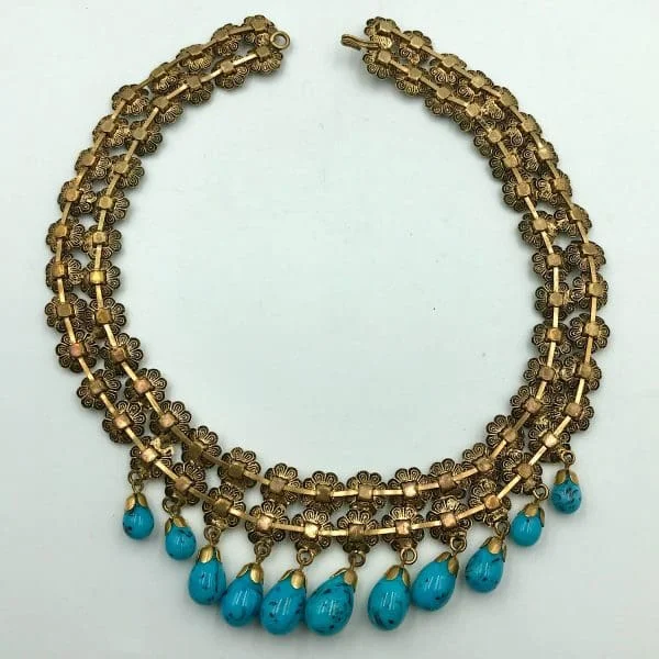 Vintage French Turquoise Poured Glass Drop Necklace - Image 3