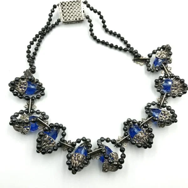 Vintage Louis Rousselet Blue Poured Glass and Silver Necklace - Image 2