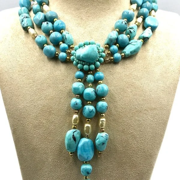 Vintage French Turquoise Poured Glass Sautoir Necklace Circa 1940s - Image 3