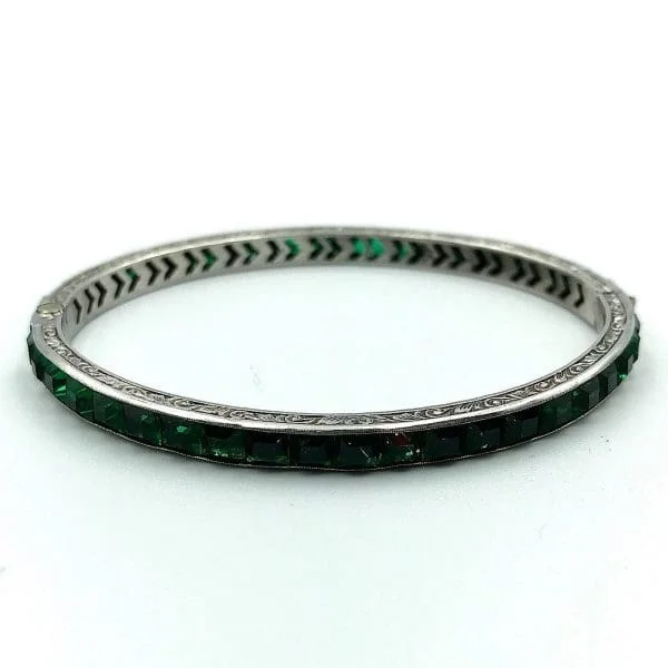 Art Deco Silver and Emerald Rhinestone Bangle Circa 1930s - Image 4