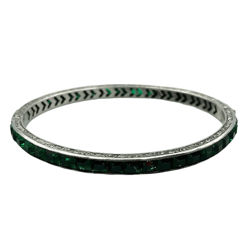 Art Deco Silver and Emerald Rhinestone Bangle Circa 1930s