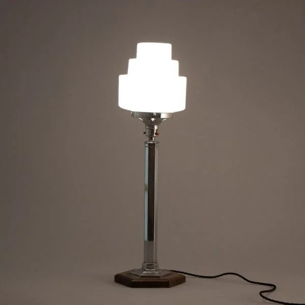 Art Deco Table Lamp on Hexagonal Base with Opal Skyscraper Shade, British c.1930 - Image 3