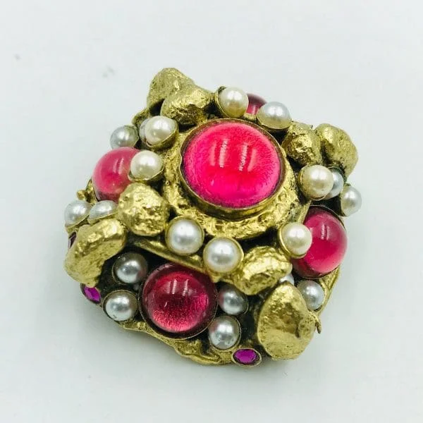 Vintage French Henry Perichon Foiled Pink Cabochon Brooch - Image 2