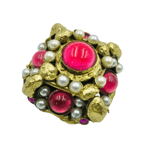 Vintage French Henry Perichon Foiled Pink Cabochon Brooch