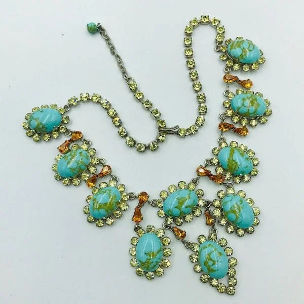 Vintage French Turquoise Citrine and Topaz Paste Bib Necklace Circa 1950s - Image 2