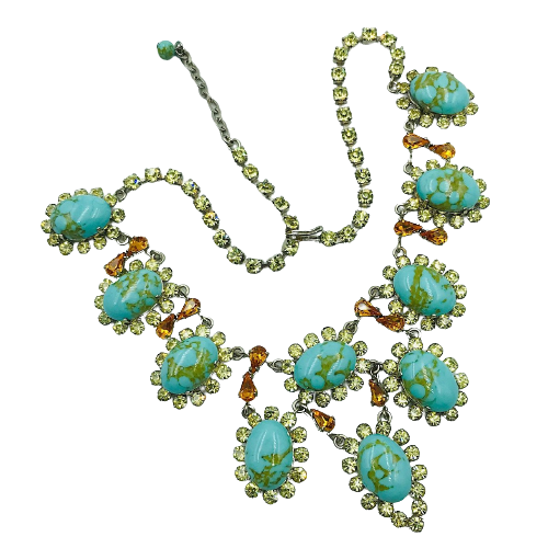 Vintage French Turquoise Citrine and Topaz Paste Bib Necklace Circa 1950s