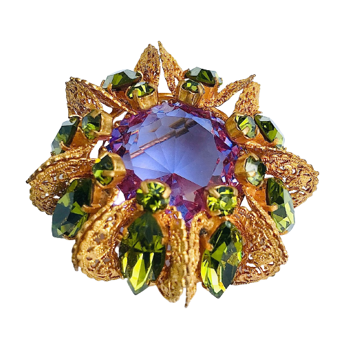 French Couture Amethyst and Olivine Paste Brooch by Roger Jean Pierre