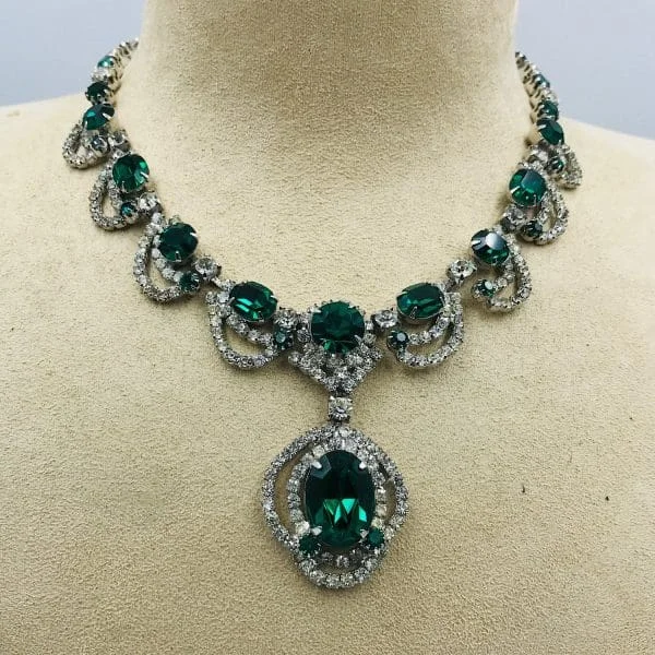 Vintage Emerald and Clear Rhinestone Necklace by Kramer of New York - Image 3