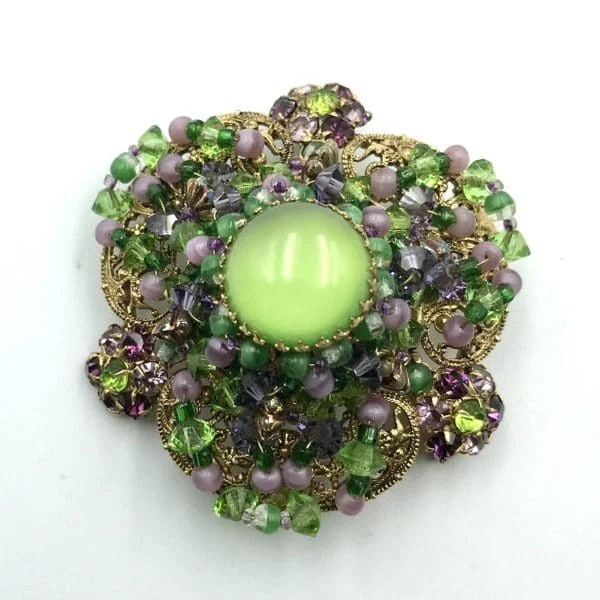 Vintage Louis Rousselet Pink and Green Poured Glass Domed Brooch - Image 2