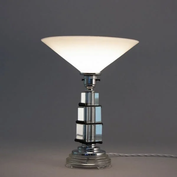 Art Deco Table Lamp On Stepped Glass Base with original Opal Glass Coolie Shade - Image 2