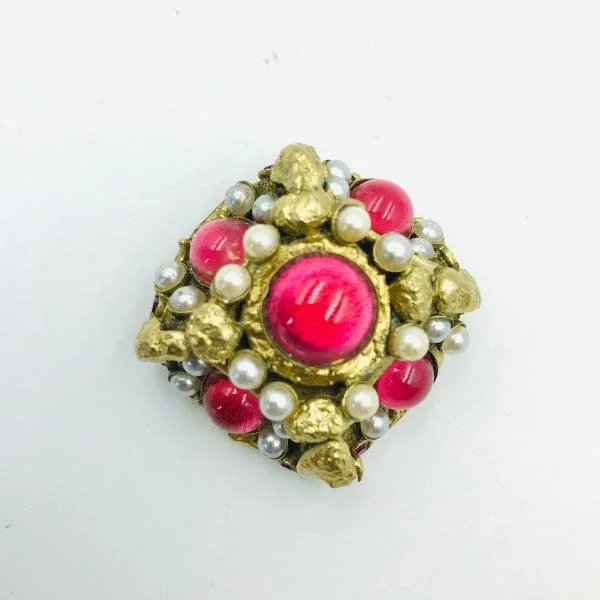 Vintage French Henry Perichon Foiled Pink Cabochon Brooch - Image 3