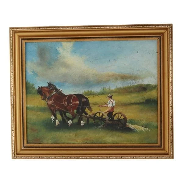 H Allison, British, small oil on board, farmer and horses ploughing - Image 2