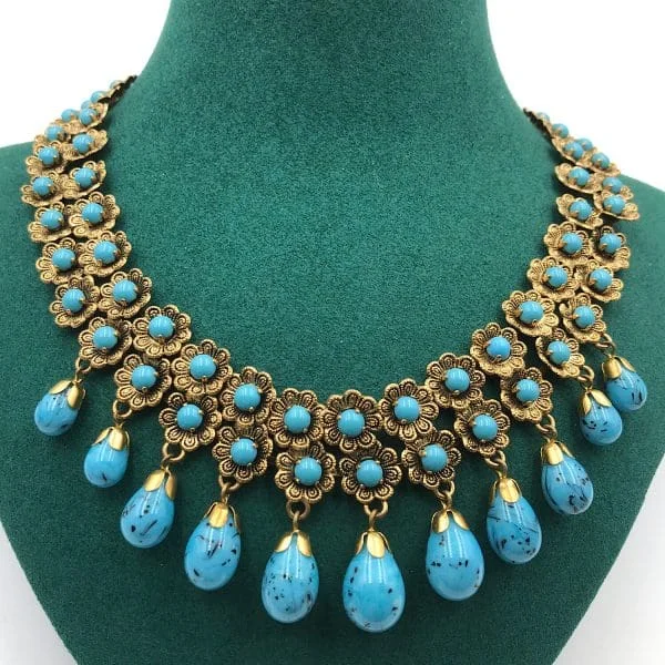 Vintage French Turquoise Poured Glass Drop Necklace - Image 5