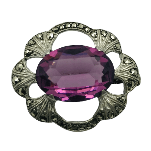 French Art Deco Silver, Marcasite and Amethyst Glass Brooch Circa 1930s
