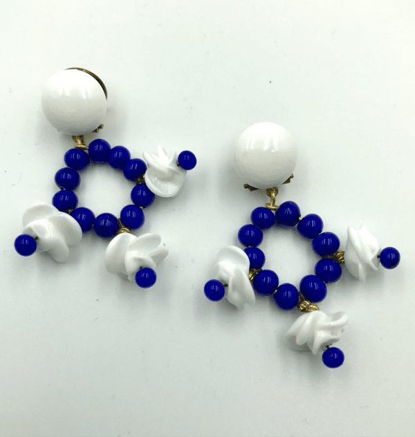 Vintage Louis Rousselet Blue and White Poured Glass Hoop Earrings - Image 2