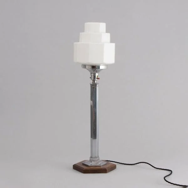 Art Deco Table Lamp on Hexagonal Base with Opal Skyscraper Shade, British c.1930 - Image 2