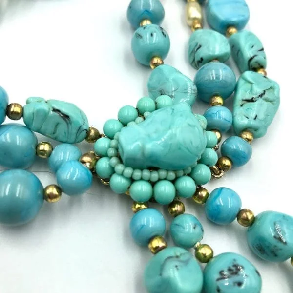 Vintage French Turquoise Poured Glass Sautoir Necklace Circa 1940s - Image 4