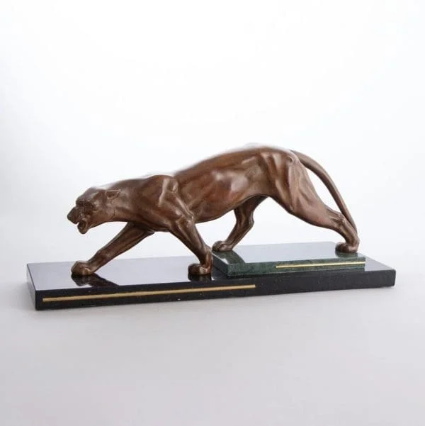 Art Deco Patinated Bronzed Muscular Panther on a Stepped Marble Base with Brass Trims - Image 5