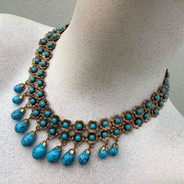 Vintage French Turquoise Poured Glass Drop Necklace - Image 4