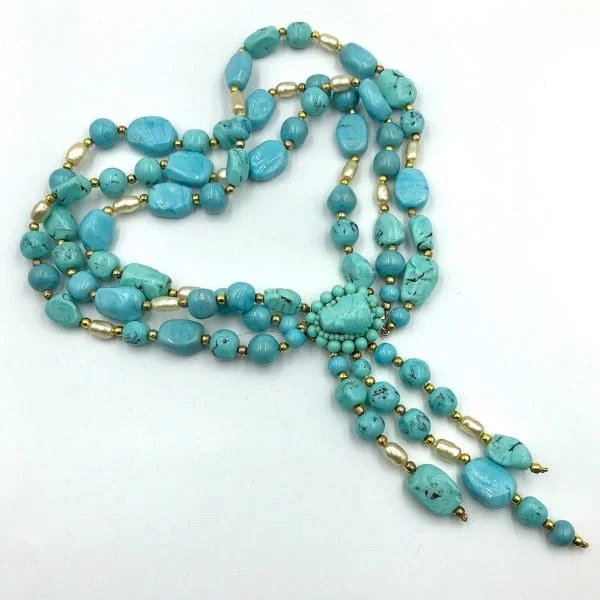 Vintage French Turquoise Poured Glass Sautoir Necklace Circa 1940s - Image 2