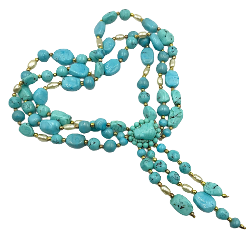 Vintage French Turquoise Poured Glass Sautoir Necklace Circa 1940s