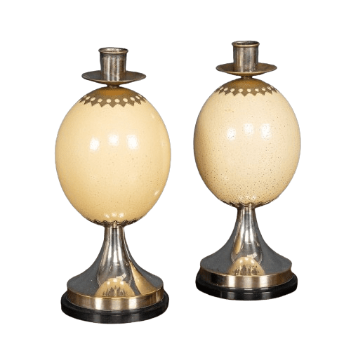 Pair of Ostrich Egg Mounted Candlesticks with Silver Plated Mounts by Anthony Redmile England Circa 1970