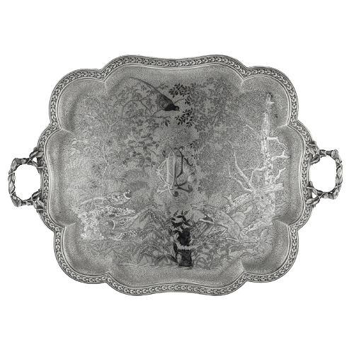 Antique Solid Silver and Niello Serving Tray, France Circa 1870