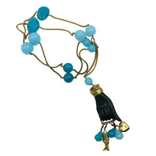 Vintage Turquoise Gipoix Glass Sautoir by Necklace Henkel & Grosse, Germany Circa 1970s