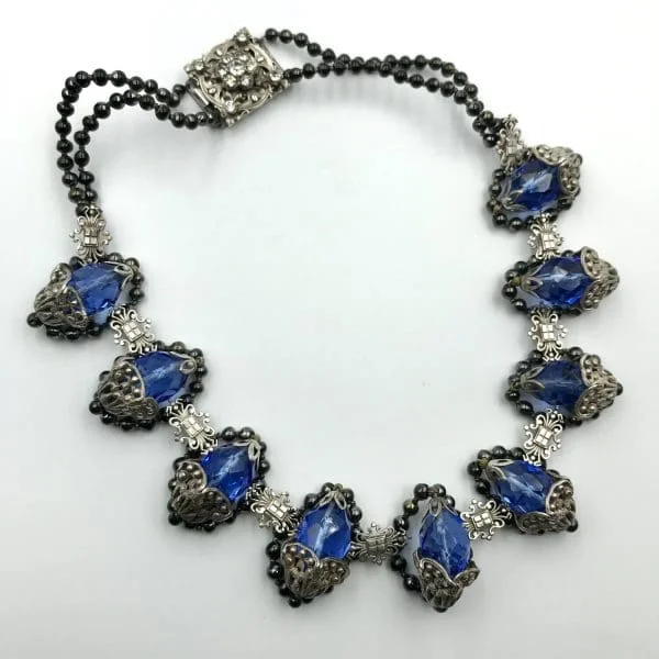 Vintage Louis Rousselet Blue Poured Glass and Silver Necklace - Image 3