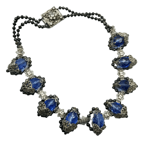 Vintage Louis Rousselet Blue Poured Glass and Silver Necklace