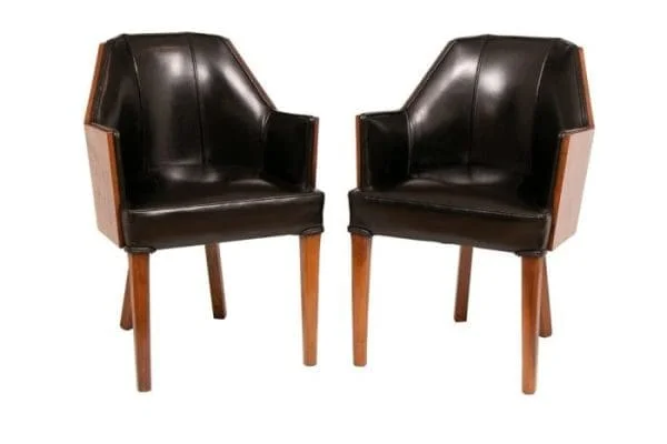 Pair of Walnut Art Deco Salon Chairs with Leather Upholstery, British c.1930