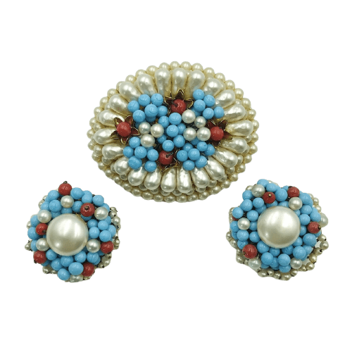 Louis Rousselet Turquoise and Pearl Brooch and Earrings