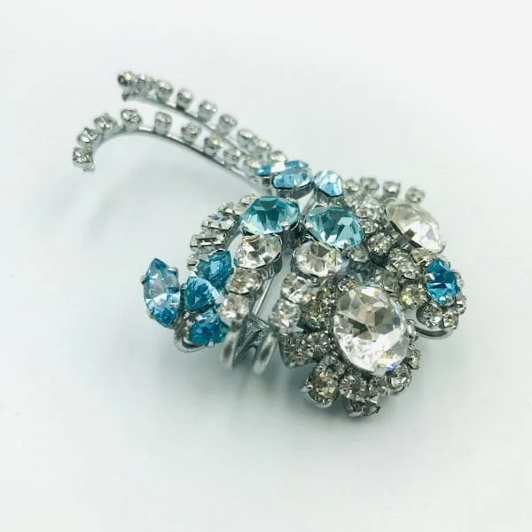 Vintage Aquamarine and Clear Paste Floral Spray Brooch Circa 1950s - Image 4