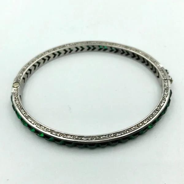 Art Deco Silver and Emerald Rhinestone Bangle Circa 1930s - Image 7