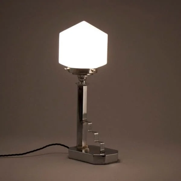 Art Deco Modernist Table Lamp on Chrome Base with Pyramid Shade, British c.1930 - Image 3