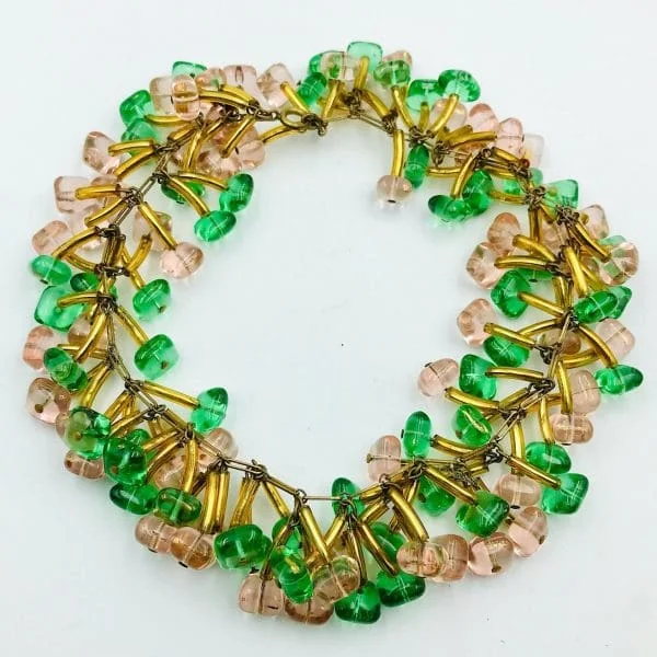 French Couture Pink and Green Gripoix, Pate de Verre, Glass Collar Necklace - Image 2