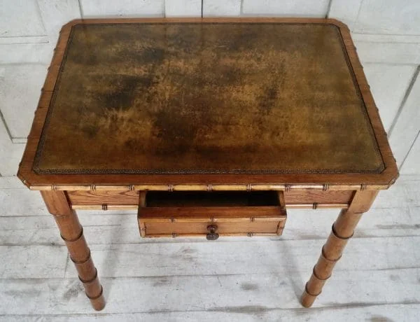 Victorian Faux Bamboo Leather Top Writing Table - Image 4